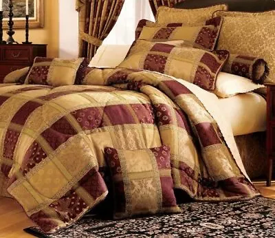 7 Piece Burgundy Jacquard Jewel Patchwork Floral Comforter/Bedding+Sham Set • $84.99