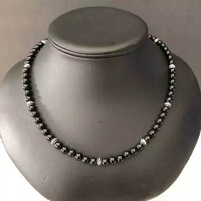 Mens Black Onyx And Silver Beaded Necklace • $32