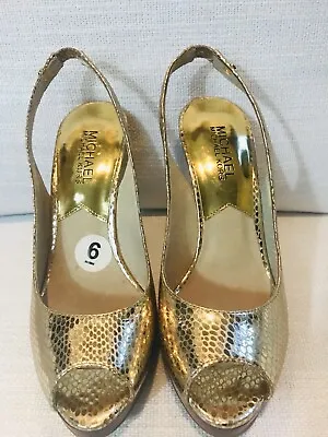 MICHAEL KORS  Gold Leather Open Toe Sling Back Stiletto Heels Sz 6 Pre-owned. • $25