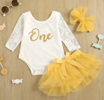 Lace Romper First Birthday Outfit Cake Smash Baby Girl 3 Pcs • $36.99