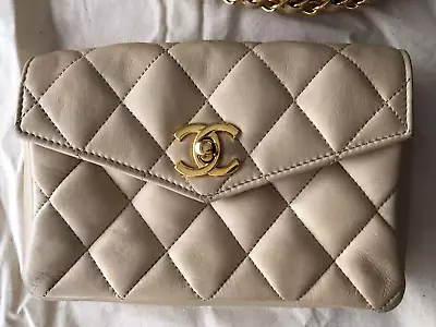 CHANEL Body Bag Quilted Lambskin Gold Hardware CC Logo CoCo Mark Beige Authentic • £764.06