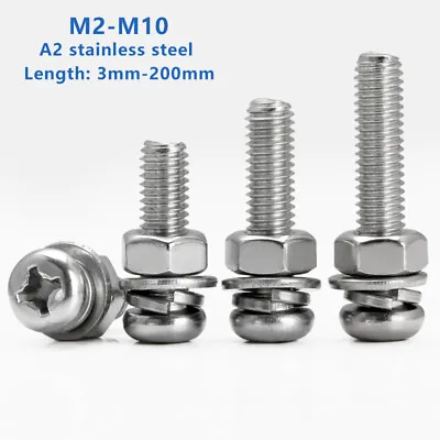M2 M2.5/M3-M10 Phillips Pan Head Bolts Machine Screws+Nuts Washers A2 Stainless • £2.39