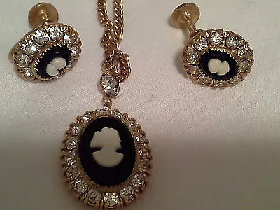 Lovely Vintage Deco Rhinestone Cameo Pendant And Earring Set  • $19.99