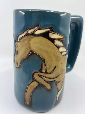 Mexican Pottery Wild Horses Coffee Mug Green Blue Horse Mara Signed Handmade • $15