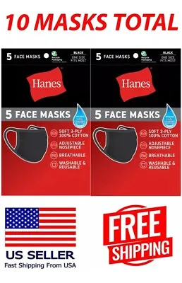 Hanes 100% Cotton Fabric Reusable Face Mask Washable Comfortable 10 Masks BLACK • $6.75