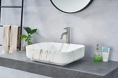 Ceramic Wash Basin Bathroom Sink Bowl Marble Effect Rectangle Curved • $150