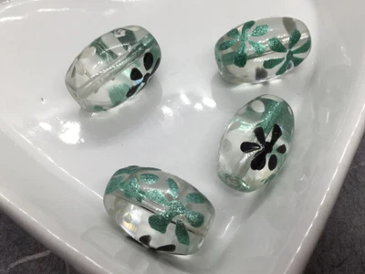 £1.65 • Buy 4 Oval Handmade & Hand Painted Beads, 18mm X 10mm Approx, Green & Black Flower