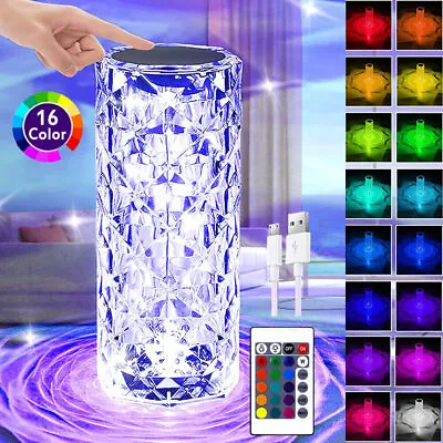 USB 16 Colour RGB LED Crystal Table Lamp Diamond Rose Night Light Touch & Remote • £6.55