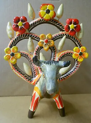 Vtg Mexican Folk Art Orange/Red Gray Bull Tree Of Life Candle Holder/Candelabra • $200