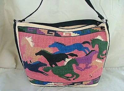 Purse Turn 'em Loose Colorful Horses Cotton With Zipper Shoulder Length Strap • $20