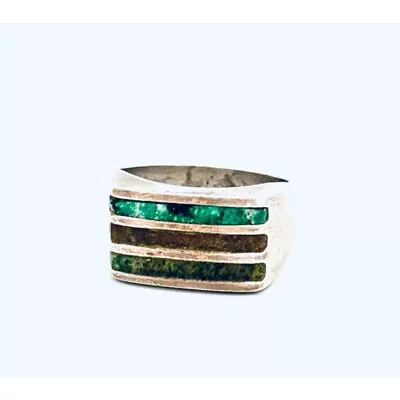 Taxco Mexico Sterling Silver 925 Mens Signet Ring Malachite Jade & Agate Inlay • $55