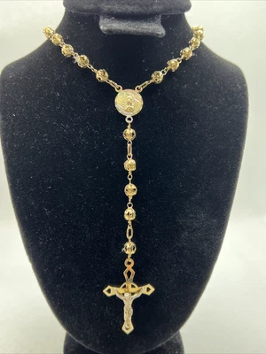 $999.99 • Buy 10K Tricolor Gold Rosary Necklace W/Virgin Mary Jesus Cross Charm Pendant 12.9gr
