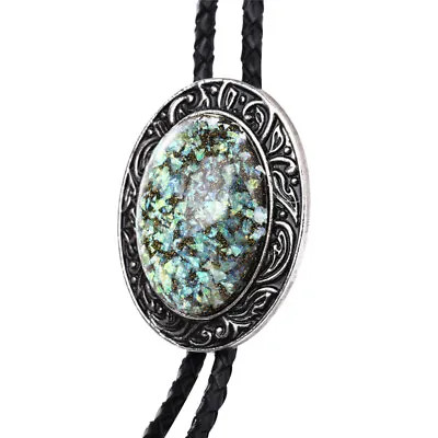 Hobit Opal Stone Mens Bolo Tie Wedding Necklace PU Leather Rope Western Cowboy • $19.99