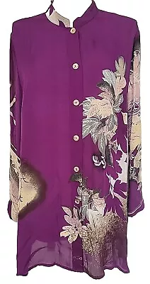 CITRON SANTA MONICA SILK Mandarin Collar Blouse Shirt Purple Beige Sheer Silk 0X • $45