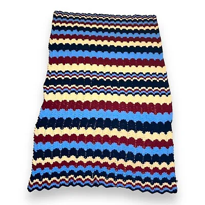 Handmade Crochet Throw Granny Blanket 84x58 Red Cream And Blue Rosanne • $32.82