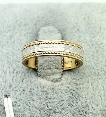 14K Gold Two-Tone Carved Band- Vintage- Size 6.25- 5mm Band- Yellow & White Gold • $495