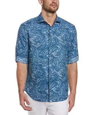 Cubavera Men Roll-up Paisley Print Button Up Shirt Short-Sleeve Dark Blue Sz 2XL • $20
