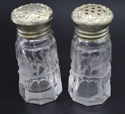 Antique Salt And Pepper Shakers Etched Crystal Moon And Stars Sterling Lids • $22.99
