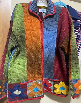 Vintage Flower Power Wool Cardigan Sweater Made In Ecuador Womens Large • $60