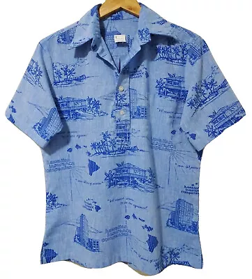 M Vtg Men's Hawaiian Insurance Companies Tiki Bar Barkcloth Blue Hawaiian Shirt • $119.99