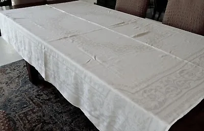 Vintage White Damask Tablecloth Abstract Geometrics & Floral Designs 72x88 Inch • $24.99