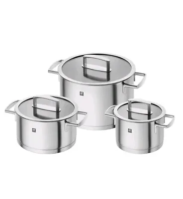 Zwilling 3 Piece Vitality Cookware Set Silver. 3 Stocpots With Glass Lids..  • £100