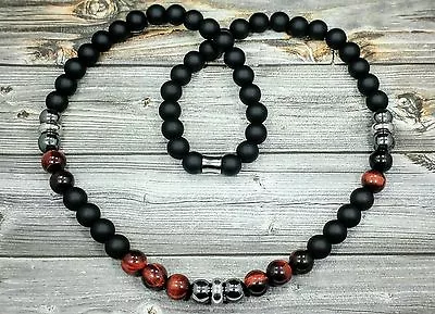 24 L STAINLESS STEEL 10mm Tigers Eye+Hematite+Onyx Gemstone Beaded Mens Necklace • $29.99