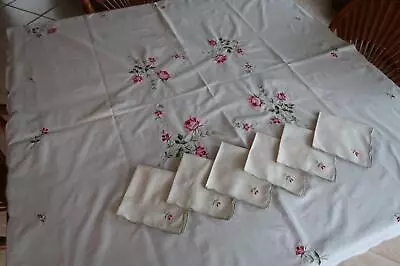 Vintage Rose Embroidery Tablecloth 50  X 54  And 6 Napkins • $35