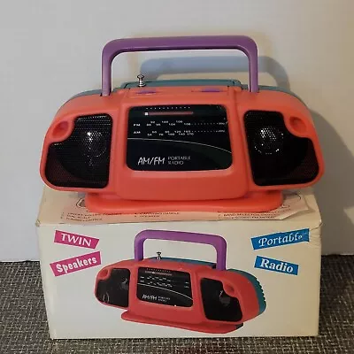 VTG 1990s Thrifty Payless Twin Speakers Portable Radio AM/FM Pink Purple Teal • $40