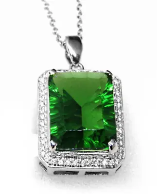 P3687  Mt. St. Helens Helenite Emerald Cut Halo Shape Sterling Silver Pendant • $70