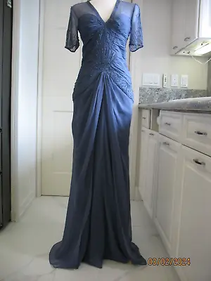 Nwt Mignon Slate Blue Beaded Embellished Ruched Draped Paneled Evening Gown - 4 • $110