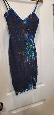 Vintage Eletra Casadei Beaded Sequins  Black Blue Green Mini Dress Small • $84.99