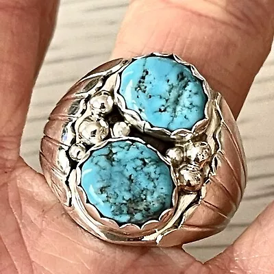 Two Stone Navajo Mens Turquoise Ring Sz13.5 Sterling Signed Fans 20g Nugget Band • $154.94