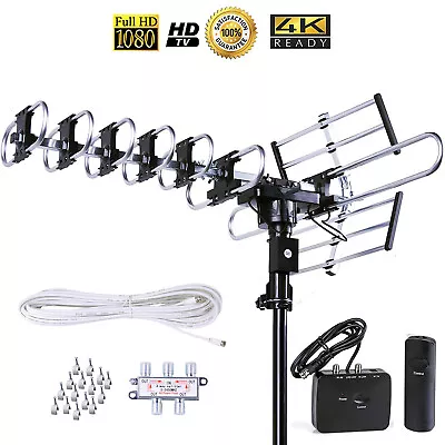 200 Mile Outdoor TV Antenna Amplifier 360 Degree Rotor UHF/VHF/FM Support 5 TVs • $41.50