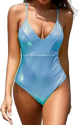 SHEKINI Womens Swimsuit M V Neck Metallic Padded Cross Back Tie Beach Swimwear • £9.99