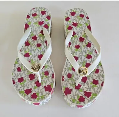 MICHAEL KORS Bedford Signature White Floral Wedge Flip-Flops Thong Sandals Sz 10 • $45