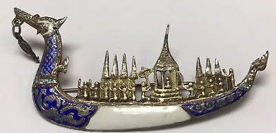 Vintage Siam Sterling Silver Dragon Ship Pin Brooch Blue Enameling Viking Boat • $69.99