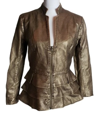 $37.97 • Buy V. Cristina Gold Faux Leather Moto Crop Jacket Size S Metallic Ruffle Hem Zip Up
