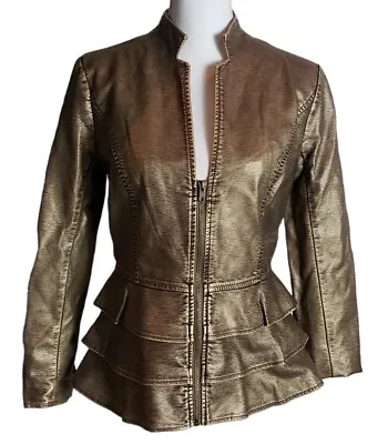 V Cristina Gold Faux Leather Moto Jacket Size Small Metallic Ruffle Hem Zip Up • $33.97