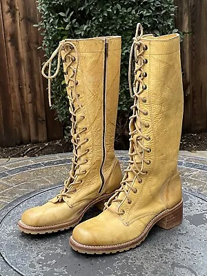 FRYE Campus Lace Up Knee High Banana Leather Lug Combat Zip Boots Womens 10 M • $360