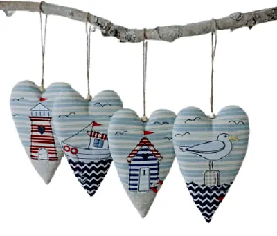 £6.99 • Buy Nautical Hanging Heart Decorations - BEACH HUT, LIGHTHOUSE, SEAGULL, SAILBOAT