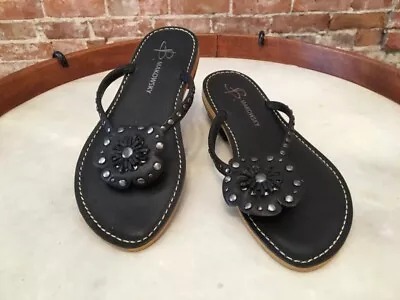 B Makowsky Kyra Black Leather Flower Flip Flop Thong Sandals 5.5 New • $24.95