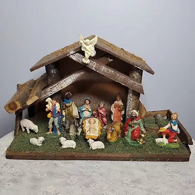 Vtg Italian Nativity Set Stamped ITALY 15 Figurines & Rustic Stable 17x10.5x7  • $99.99