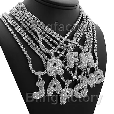 $18.99 • Buy Iced Silver Plated Bubble Initial Pendant & 18  1 Row Tennis Chain Necklace