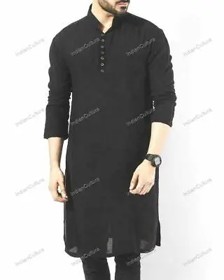 Kurta With Pajama Traditional Mens Clothes Black Short Kurta Cotton Blend Long S • £32.71