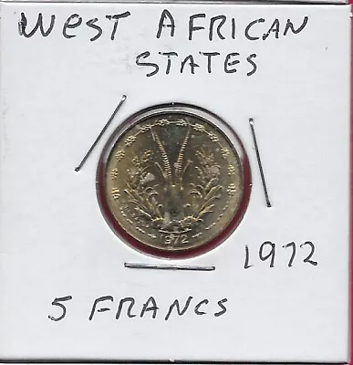West African States 5 Francs 1972 A Gazelle Above The Dateemblem Of Central Ban • $3