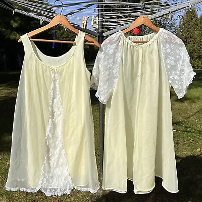 Vtg Lorraine 60s Baby Doll Gown Robe Set Double Chiffon Yellow Lace M Lingerie • $49.99