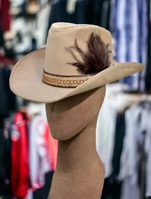 Vintage Western Cowboy Hat With Vintage Hat Band And Natural Bird Feather • $55