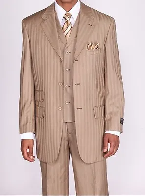 Men's 3 Piece Vested Suit Tan Color Elegant Classic Stripes With Sititching 5267 • $97.99