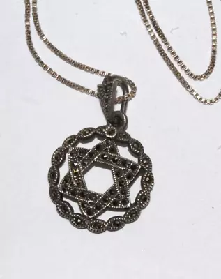 Vintg Estate Jewish Star Of David Marcasite 925 Sterling Silver Pendant Necklace • $7.99